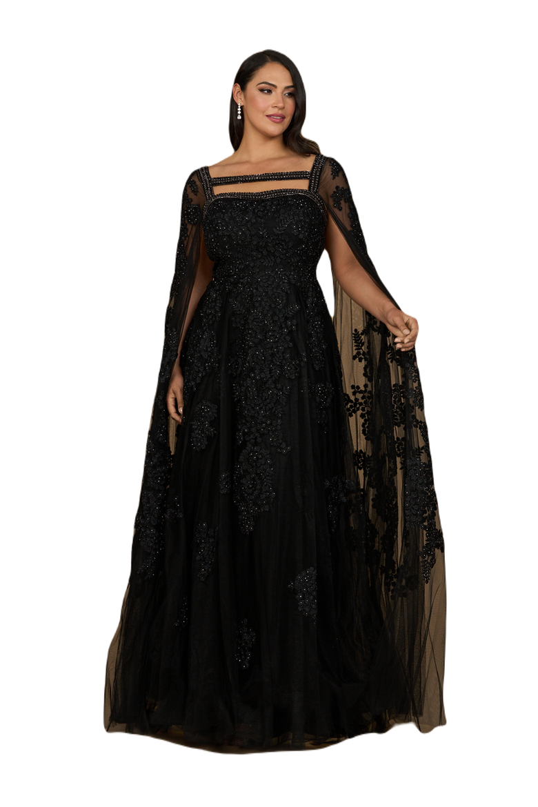Lace Embroidered Gown with Long Cape Sleeves, Main, color, Black