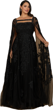 LARA New York Lace Embroidered Gown with Long Cape Sleeves
