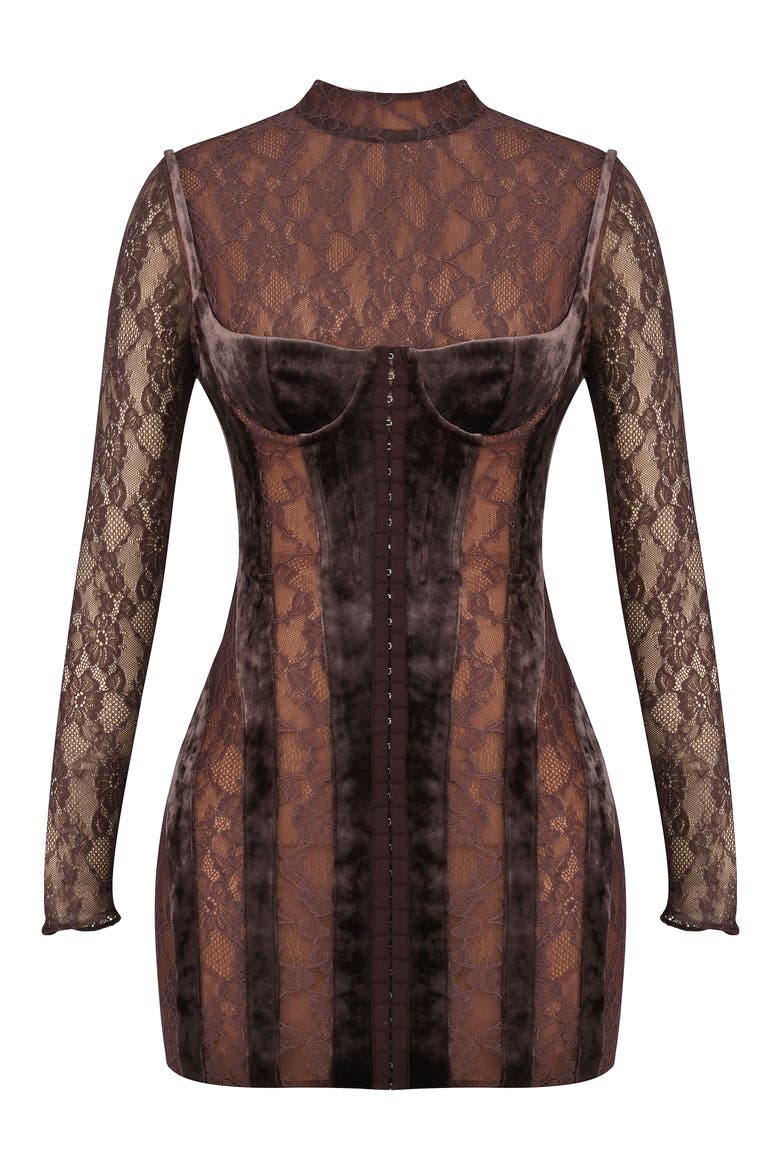 Marica Long Sleeve Lace & Velvet Minidress, Alternate, color, BROWN