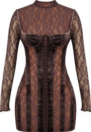 HOUSE OF CB Marica Long Sleeve Lace & Velvet Minidress