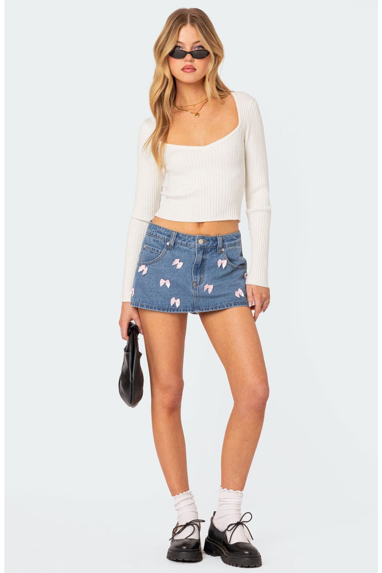 Alivia Satin Bow Denim Miniskort, Alternate, color, BLUE