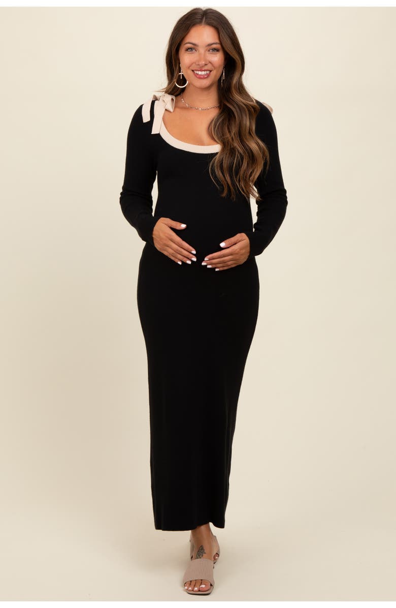 PinkBlush Shoulder Bow Detail Maxi Sweater Dress, Alternate, color, Black