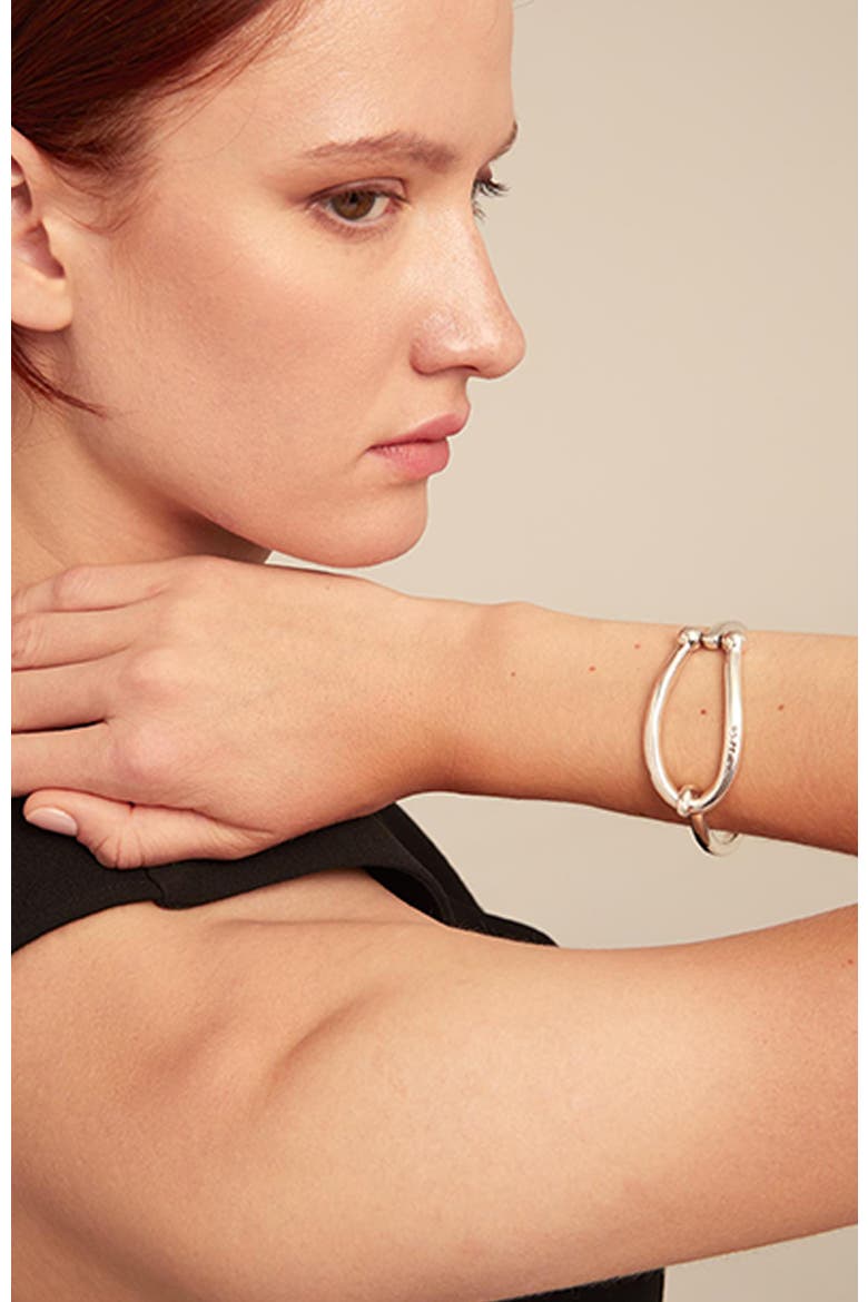 Sterling Silver Plated Rigid Bracelet with Large Link and Inner Spring, Alternate, color, Silver