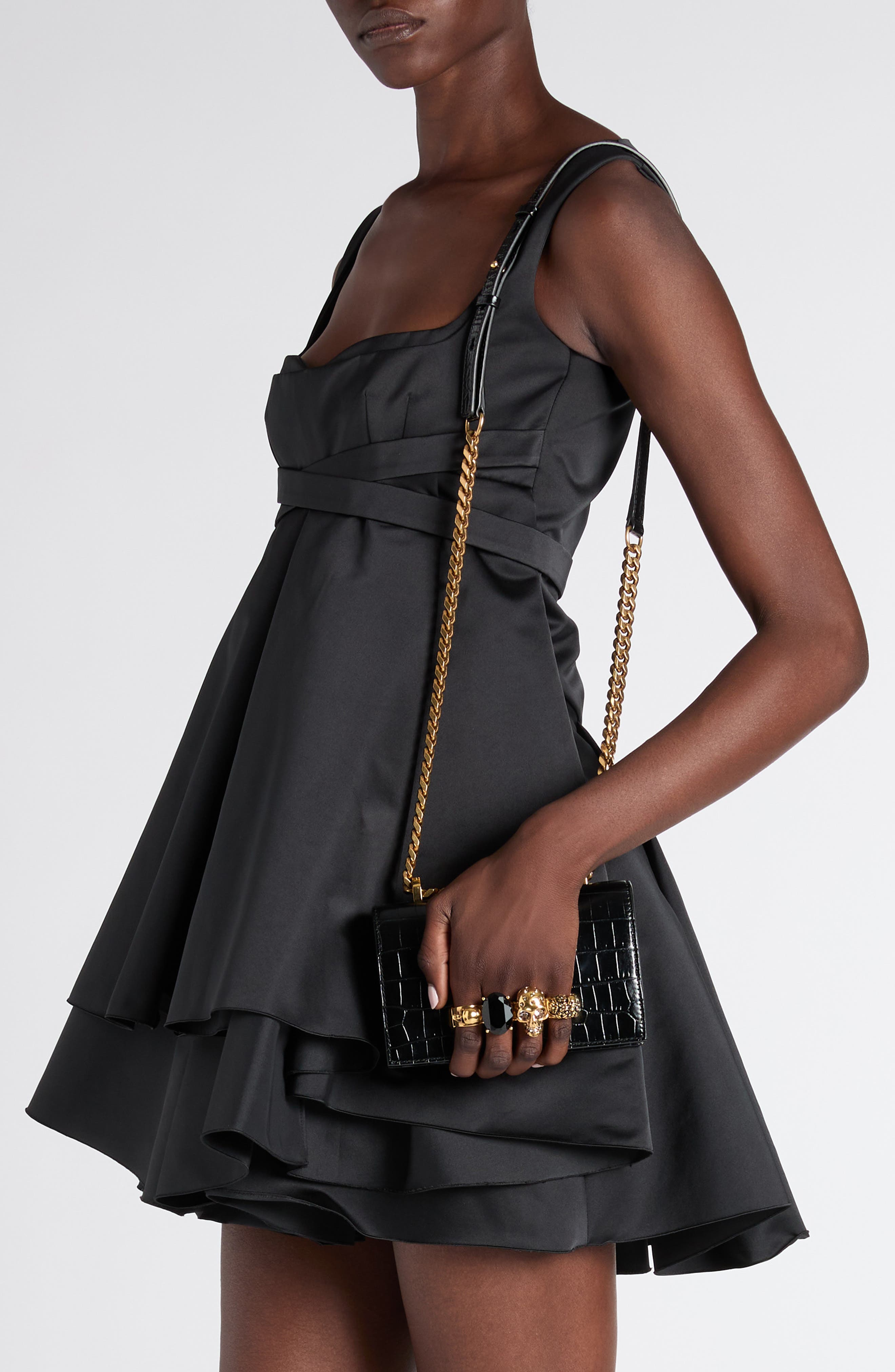 McQueen Alexander McQueen Jewelled Knuckle Croc Embossed Leather Crossbody Bag, Alternate, color, Black/ Gold