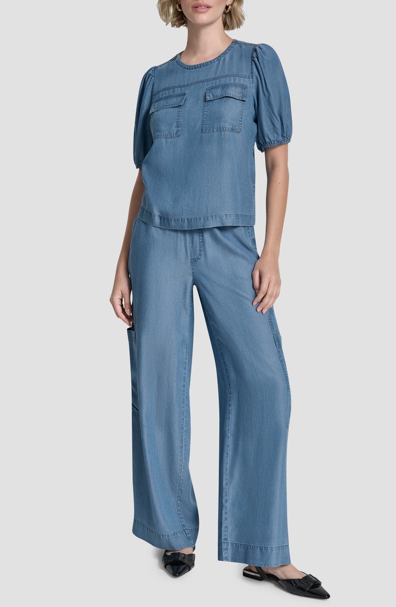 DKNY Zip Shoulder Denim Puff Sleeve Blouse, Alternate, color, Stream Wash