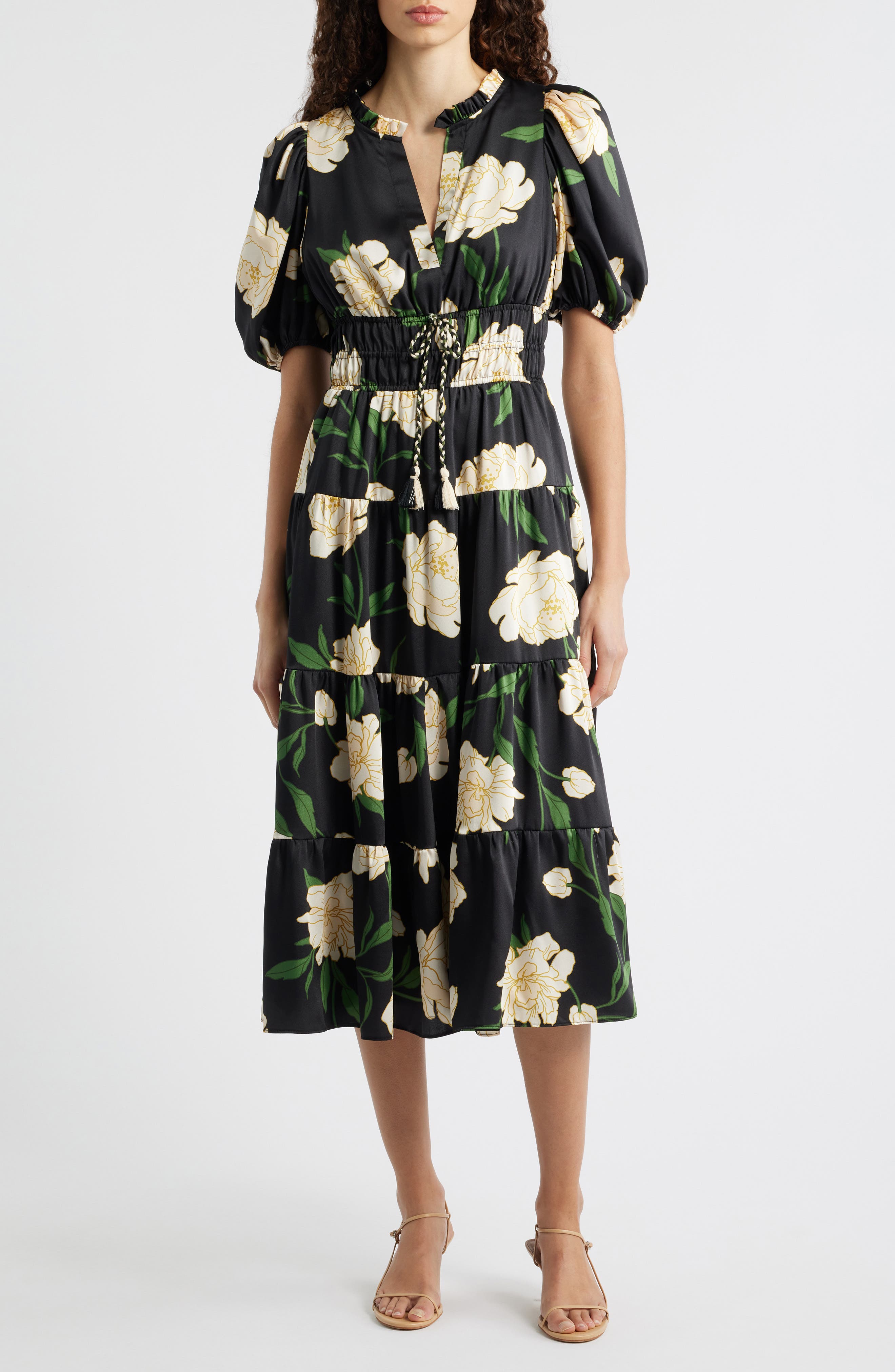 Vince Camuto Floral Puff Sleeve Midi Dress