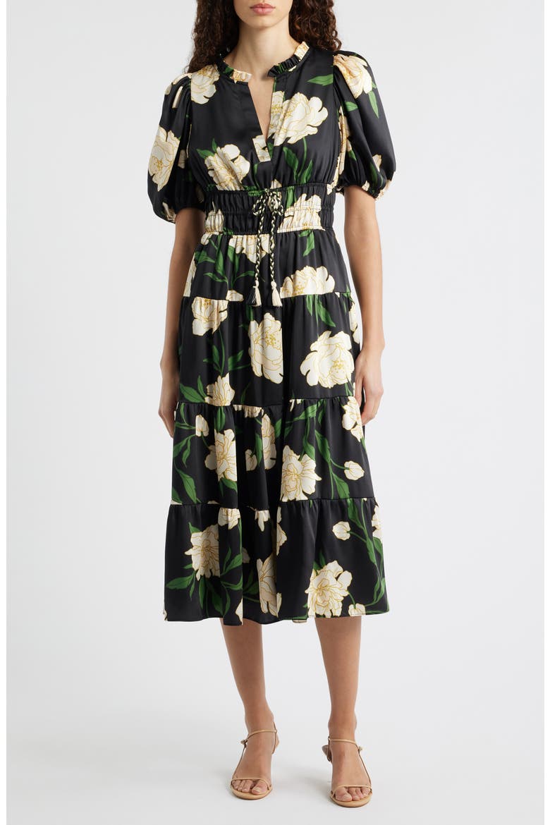 Floral Puff Sleeve Midi Dress, Main, color, BLACK MULTI