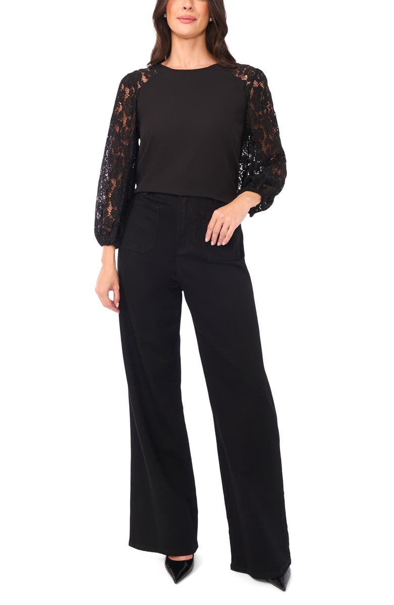 Vince Camuto Lace Sleeve Top, Alternate, color, Rich Black