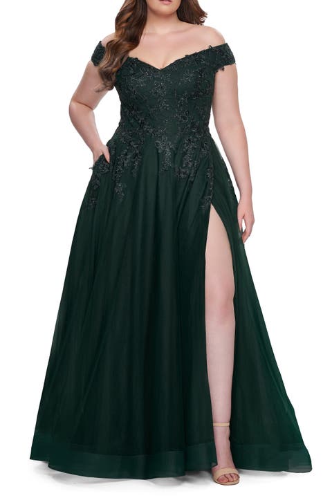 Off The Shoulder Tulle Plus Size Gown with Lace