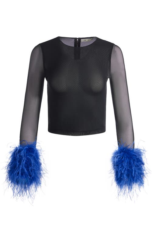 Alice And Olivia Delaina Mesh Feather Cuffed Long Sleeve Top In Black/royal