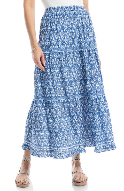 Floral Wreath Print Tiered Cotton Blend Maxi Skirt