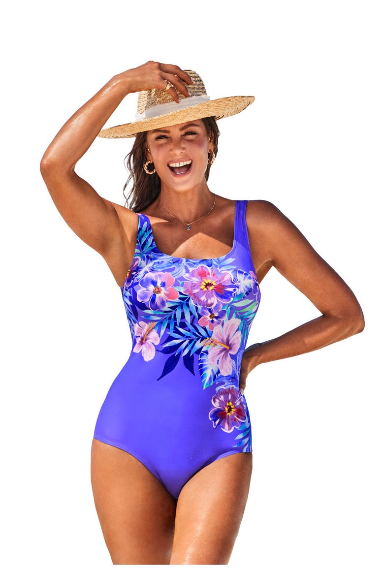 Tank One Piece Swimsuit, Main, color, Electric Iris Hibiscus
