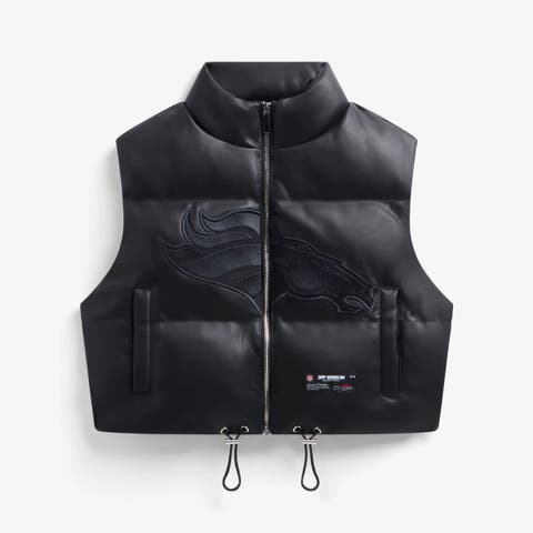 Women's  Black Denver Broncos Faux Leather Cropped Puffer Vest
