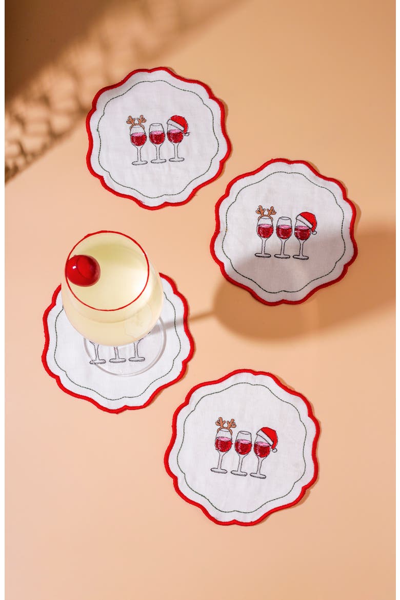 Set of 4 Embroidered Christmas Wine Linen Napkins, Alternate, color, RED