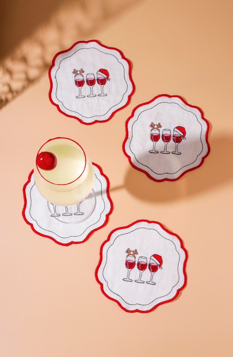 Tiramisu Set of 4 Embroidered Christmas Wine Linen Napkins, Alternate, color, Red