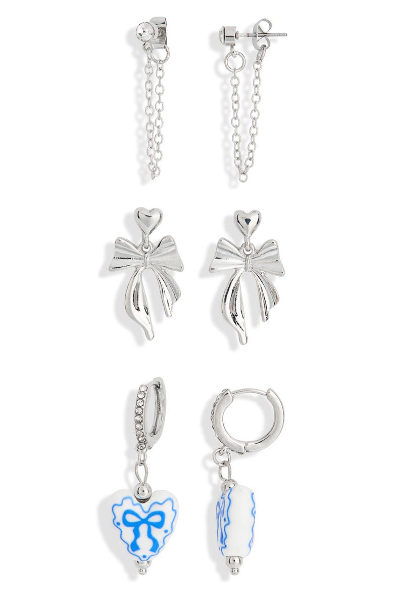 Pretty Bow Set of 3 Earrings, Main, color, IVORY- RHODIUM- SILVER