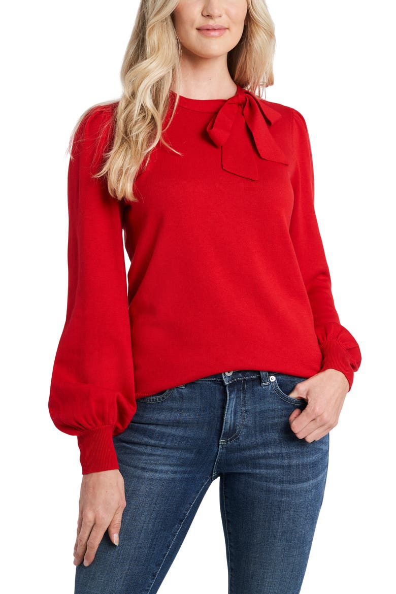 Bow Neck Blouson Sleeve Cotton Blend Sweater, Main, color, LUMINOUS RED