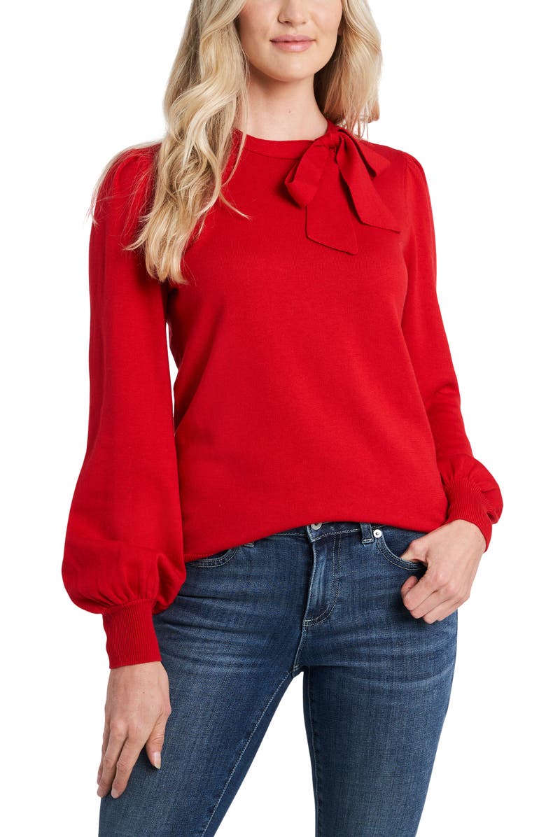 CeCe Bow Neck Blouson Sleeve Cotton Blend Sweater, Main, color, 