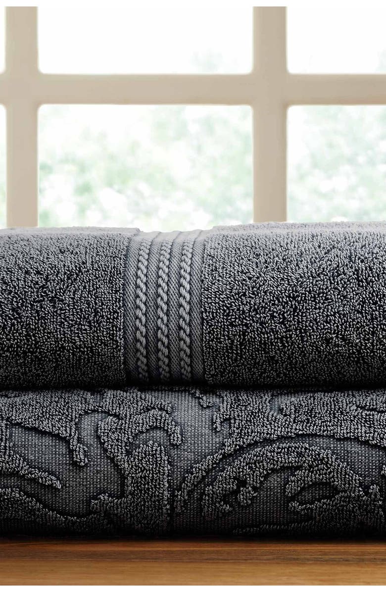 Modern Threads Charcoal Filigree Leaf Denim Washed Bath Towel - Set of 2, Main, color,