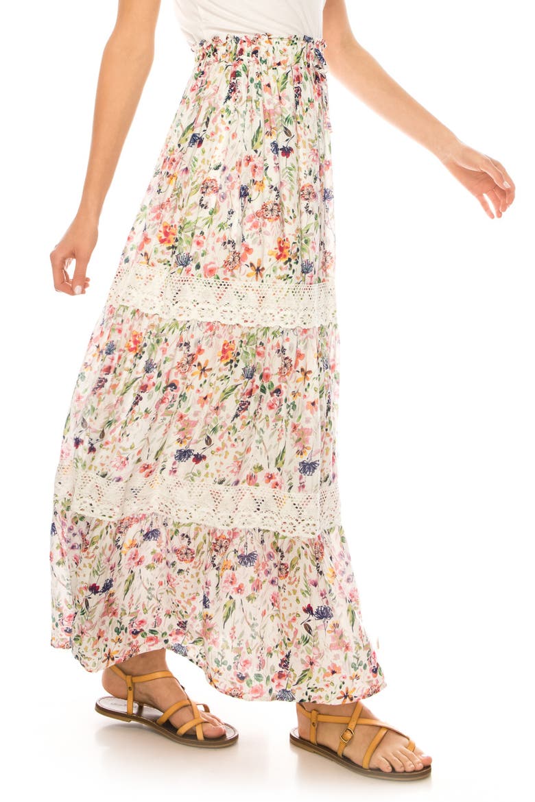 Floral Print Crochet Trim Maxi Skirt, Alternate, color, BRIGHT WHITE