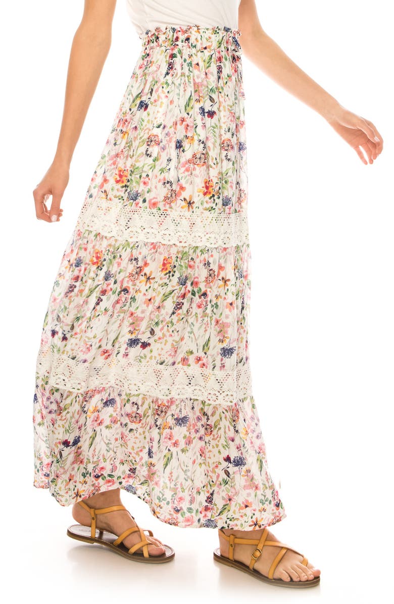 A COLLECTIVE STORY Floral Print Crochet Trim Maxi Skirt, Alternate, color, Bright White