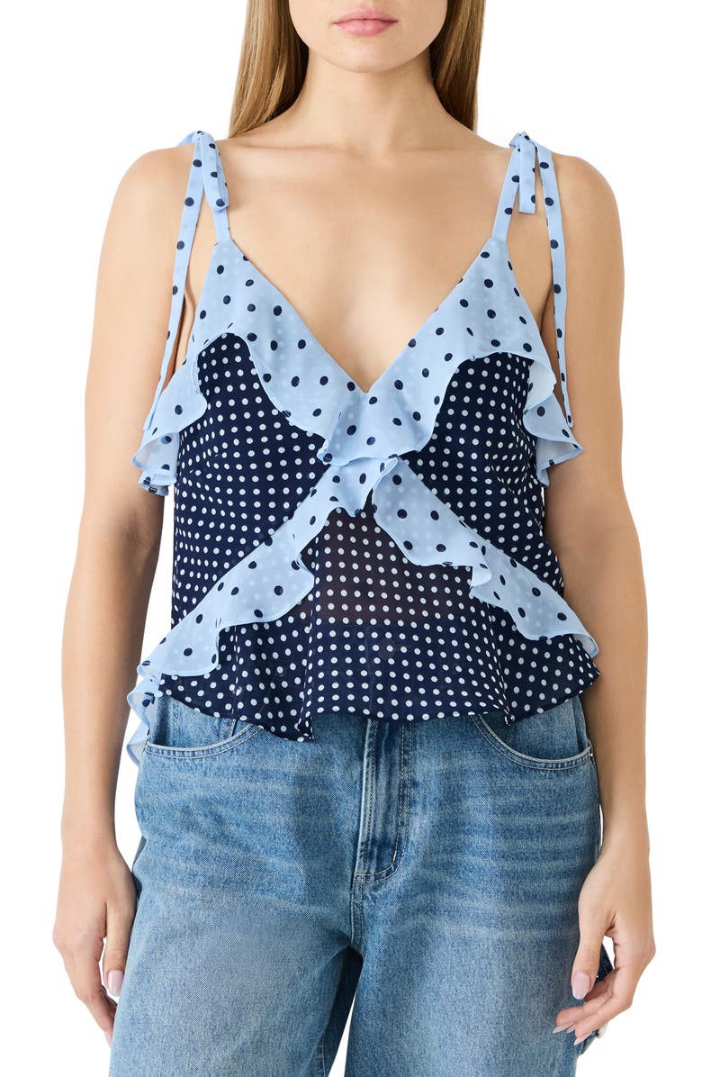 Steve Madden Adalina Polka Dot Ruffle Chiffon Tank, Main, color, Vintage Navy