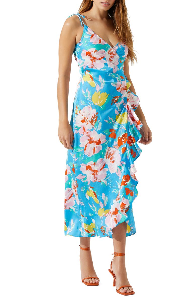 ASTR the Label Floral Satin Wrap Dress, Alternate, color, 