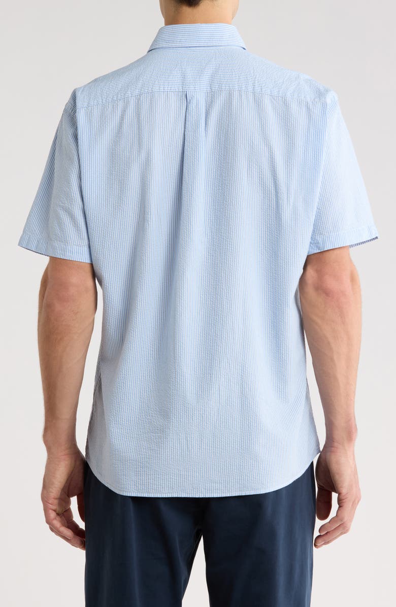 Peter Millar Coast Stripe Short Sleeve Cotton & Lyocell Seersucker Button-Up Shirt, Alternate, color, Bluebird