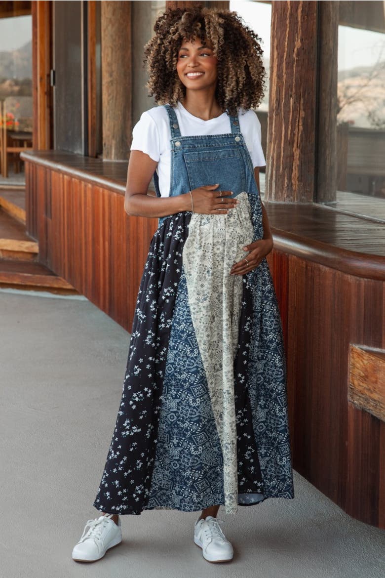 Floral Colorblock Print Denim Contrast Dress, Main, color, Blue