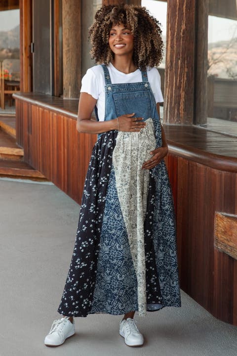 Floral Colorblock Print Denim Contrast Dress