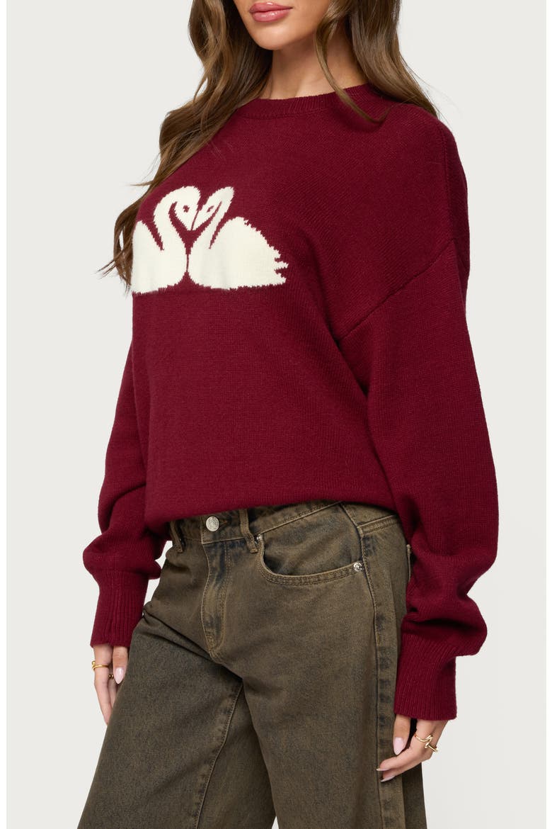 Swan Intarsia Oversize Sweater, Alternate, color, BURGUNDY