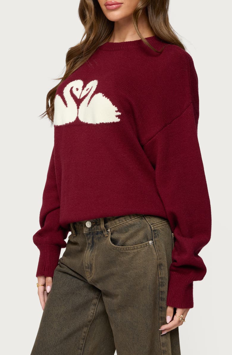 EDIKTED Swan Intarsia Oversize Sweater, Alternate, color, Burgundy