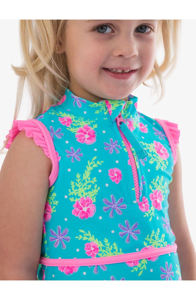 RuffleButts UPF50 Sleeveless Zip Ruffle Sleeve Active Dress, Alternate, color, Neon Happy Hibiscus