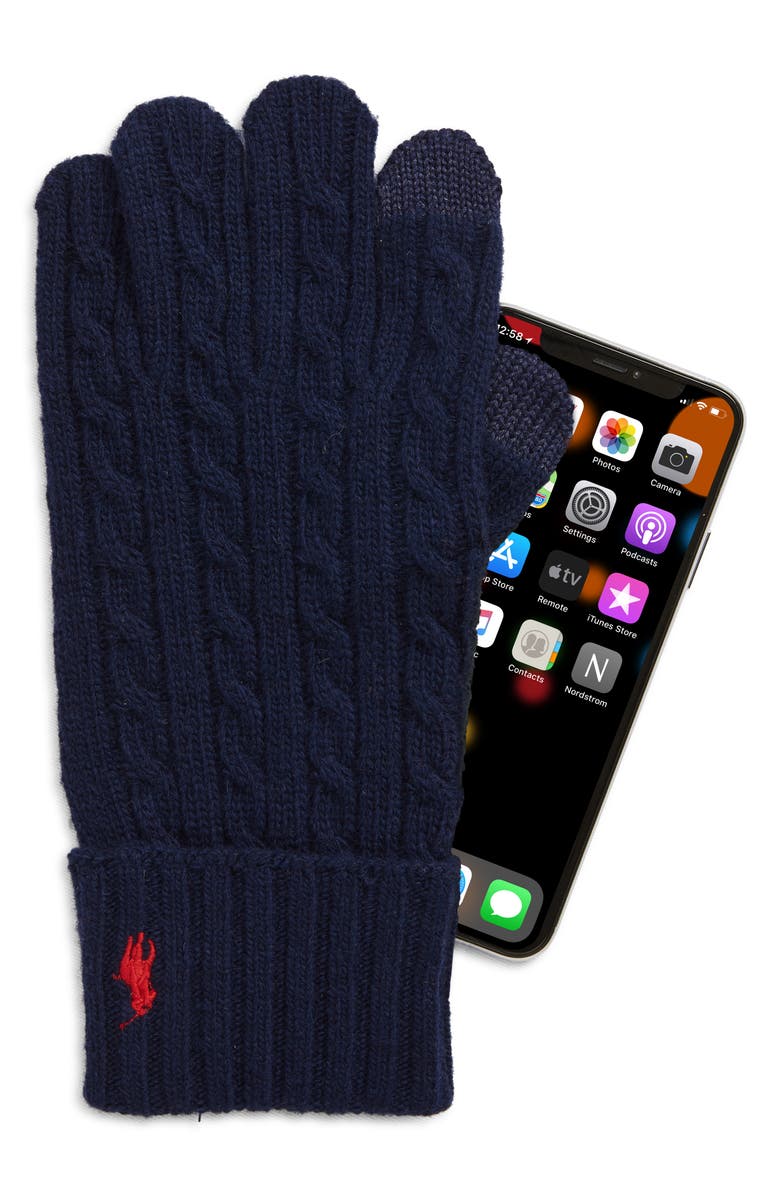 Polo Ralph Lauren Cable Merino Wool Blend Gloves, Alternate, color, Newport Navy