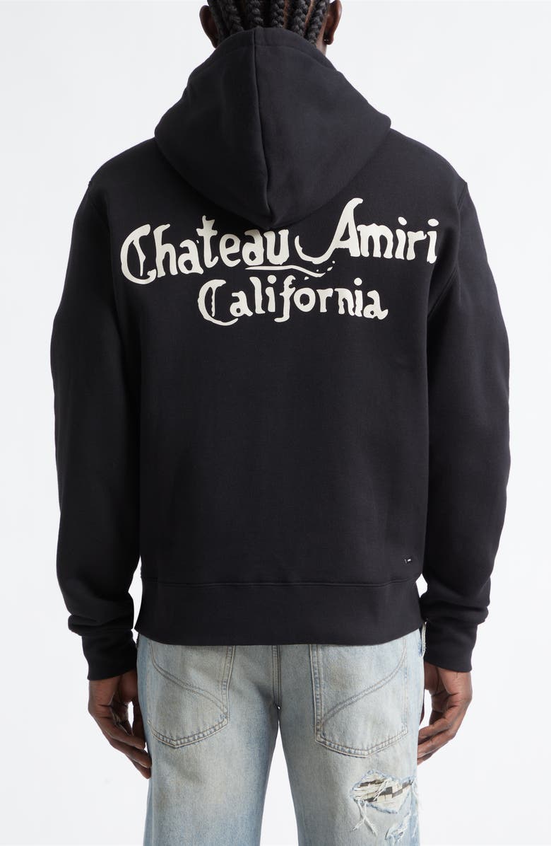 AMIRI Chateau Logo Full Zip Fleece Hoodie, Alternate, color, Black Archived