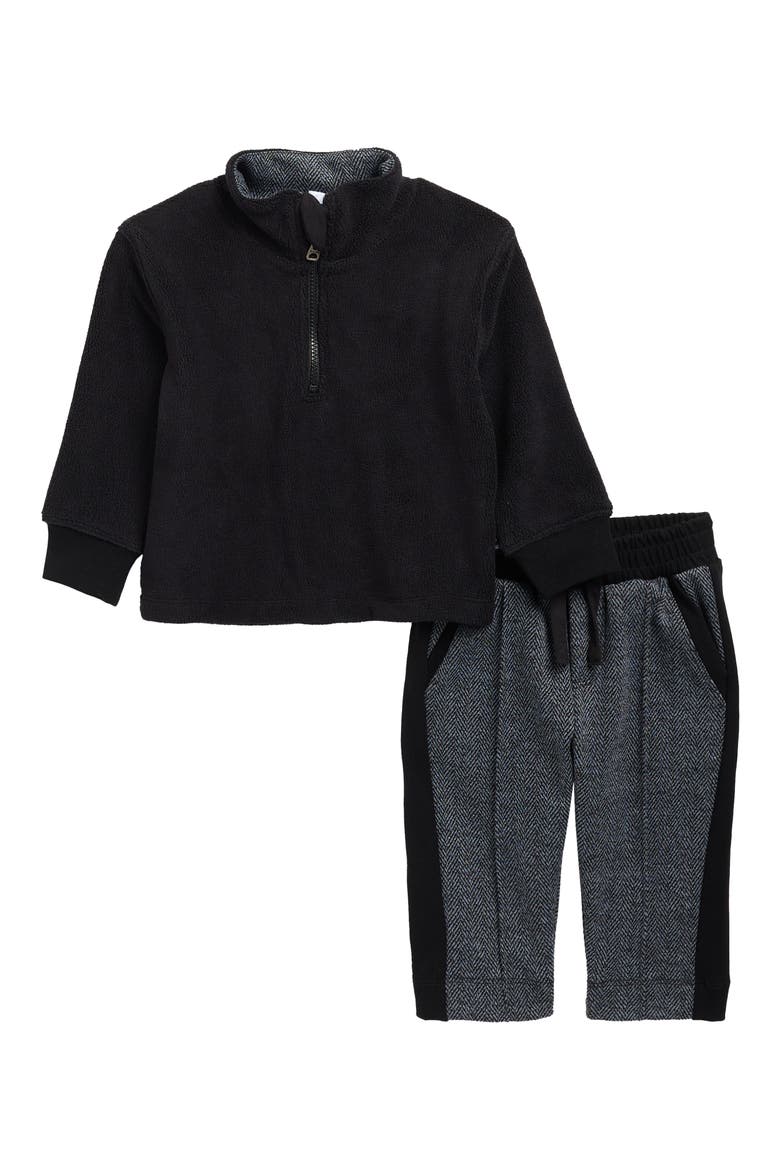 Fleece Quarter Zip Pullover & Herringbone Pants Set, Main, color, BLACK