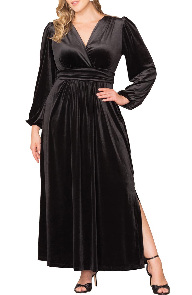 Kiyonna Vivienne Long Sleeve Velvet Gown, Main, color, Onyx