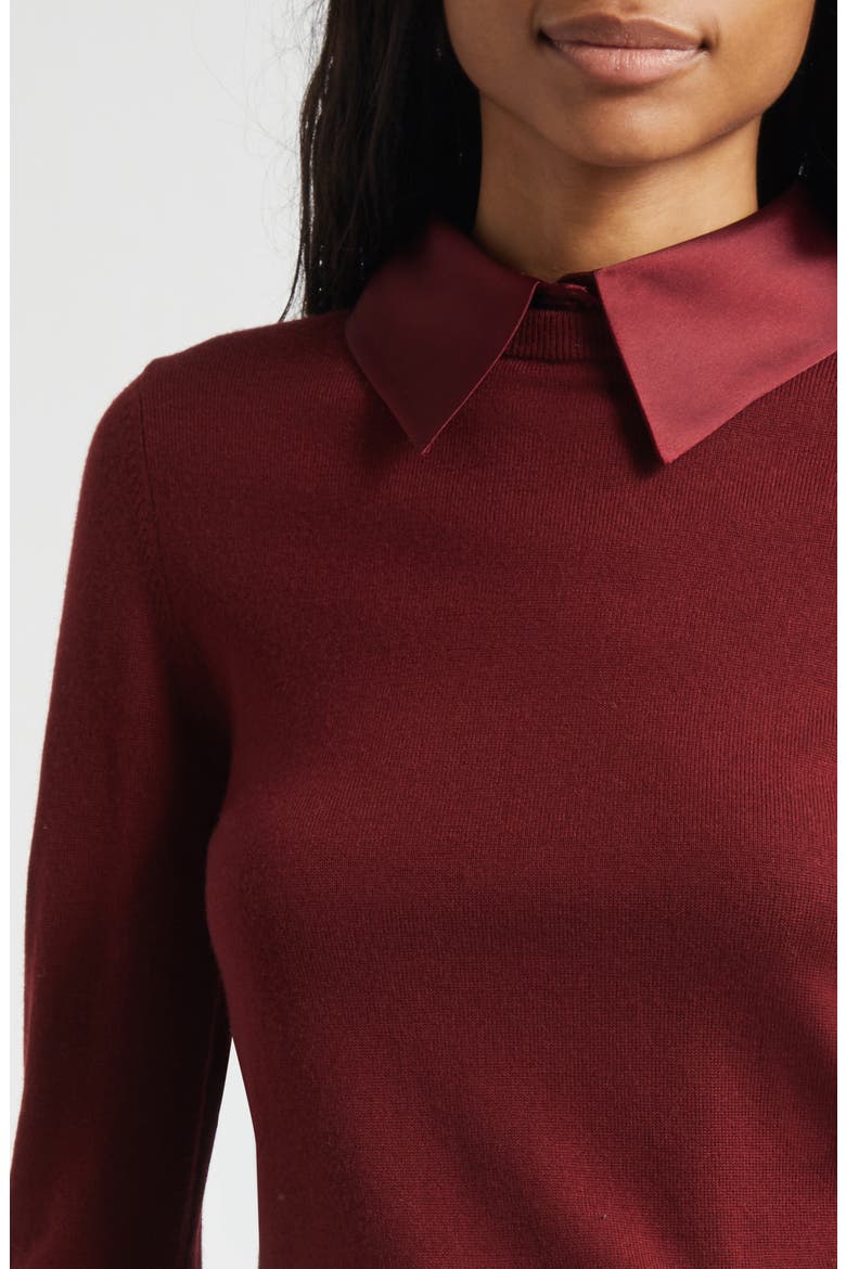 Porla Collared Mixed Media Silk Sweater, Alternate, color, OXBLOOD