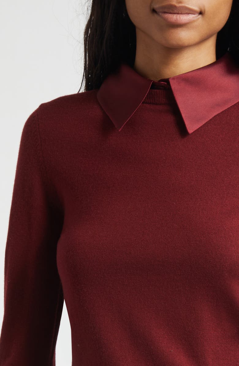 Alice + Olivia Porla Collared Mixed Media Silk Sweater, Alternate, color, Oxblood
