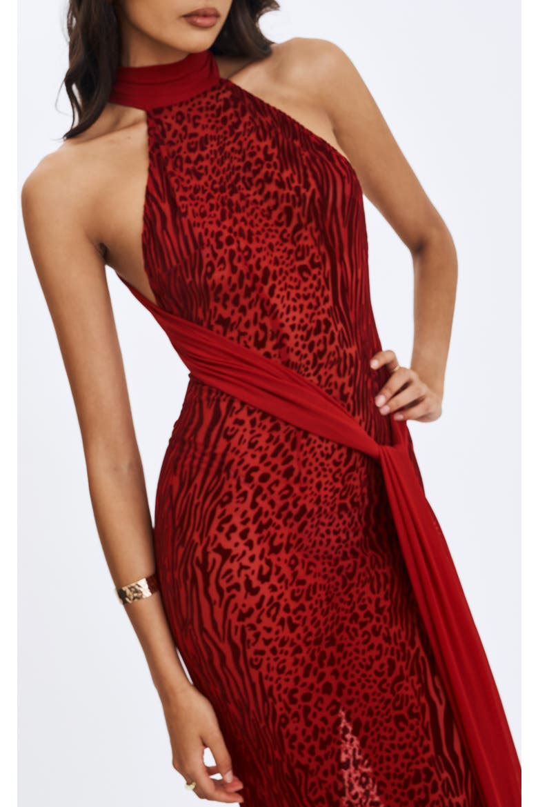 Cerise Burnout Velvet Multiwear Mesh Ribbon Maxi Dress, Alternate, color, Scarlet