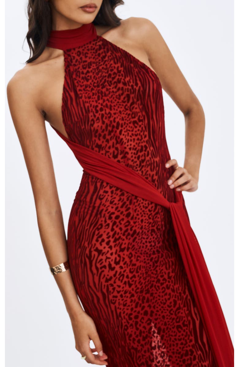 Miss Circle Cerise Burnout Velvet Multiwear Mesh Ribbon Maxi Dress, Alternate, color, Scarlet