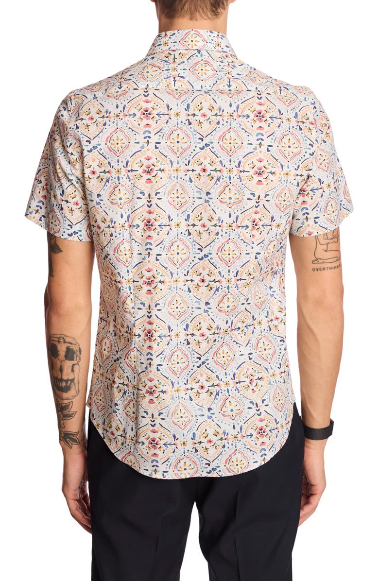 PAISLEY & GRAY Sawyer Short Sleeve Stretch Cotton Button-Up Shirt, Alternate, color, White Peach Blue Mosaic