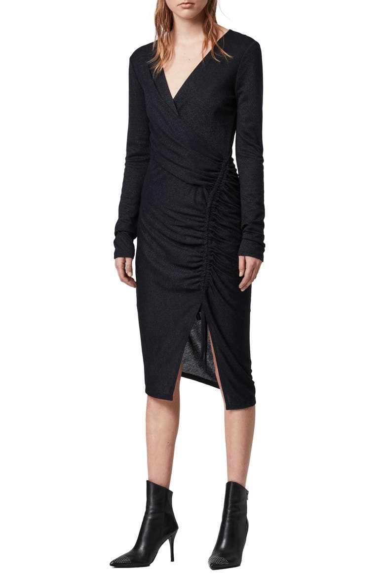 Rina Glitz Drawstring Long Sleeve Wrap Dress, Main, color, INK BLUE