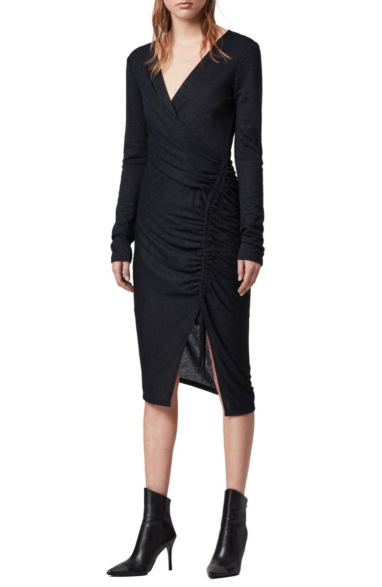 AllSaints Rina Glitz Drawstring Long Sleeve Wrap Dress, Main, color, 