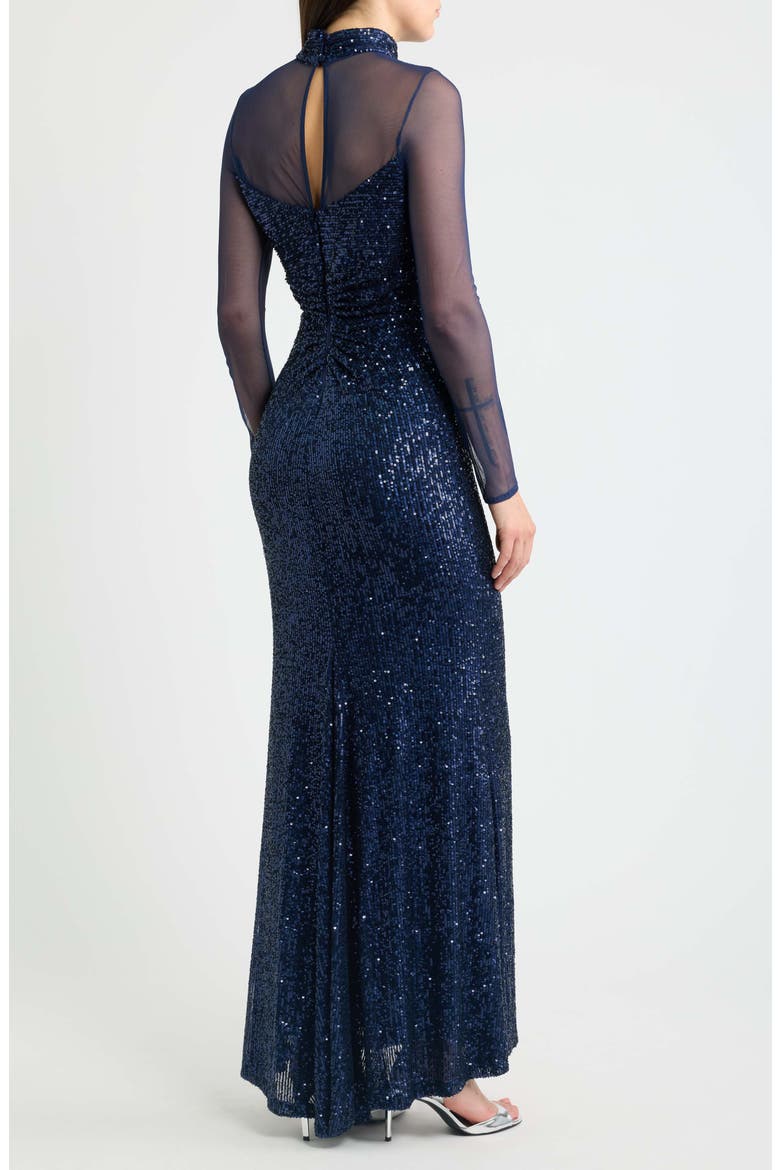 Long Sleeve Mock Neck Sequin Gown, Alternate, color, NAVY