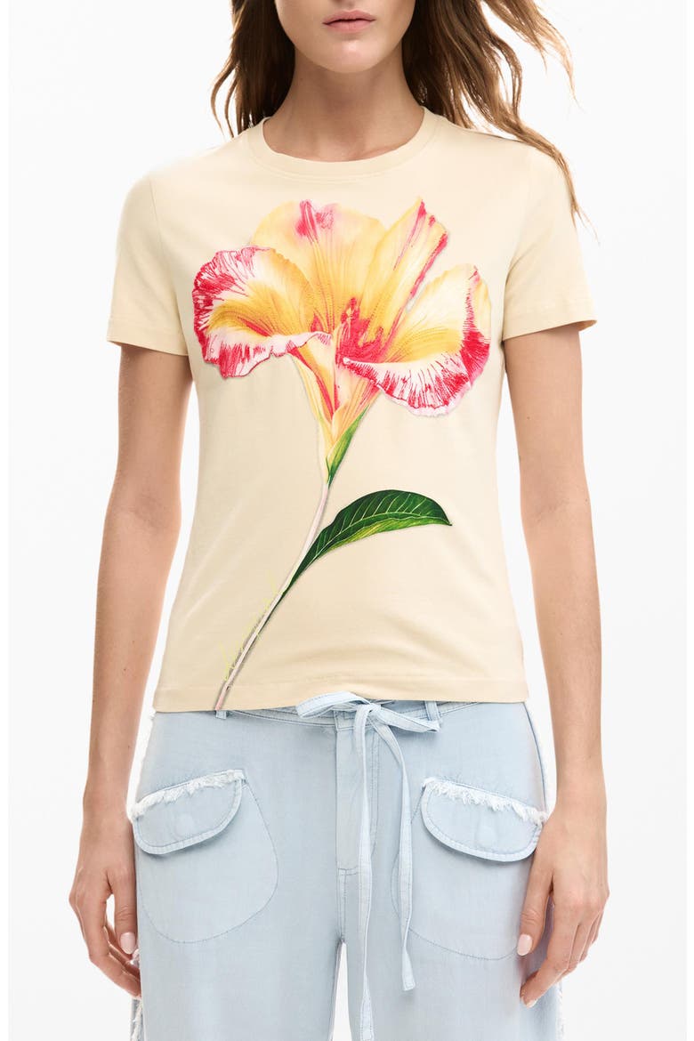 Embroidered Pansy Cotton Graphic T-Shirt, Main, color, LIGHT BEIGE