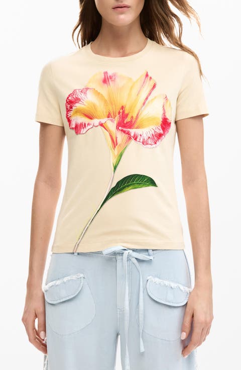 Embroidered Pansy Cotton Graphic T-Shirt