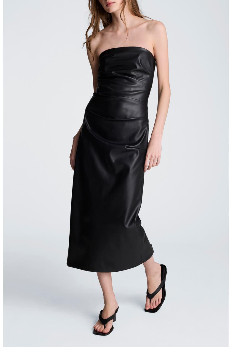 Ruched Strapless Faux Leather Midi Dress, Alternate, color, BLACK