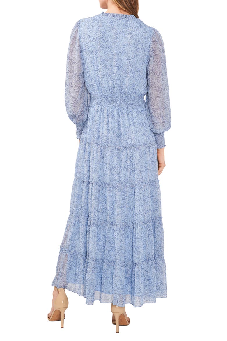 Leaf Print Metallic Smocked Waist Long Sleeve Tiered Midi Dress, Alternate, color, FORGET ME NOT