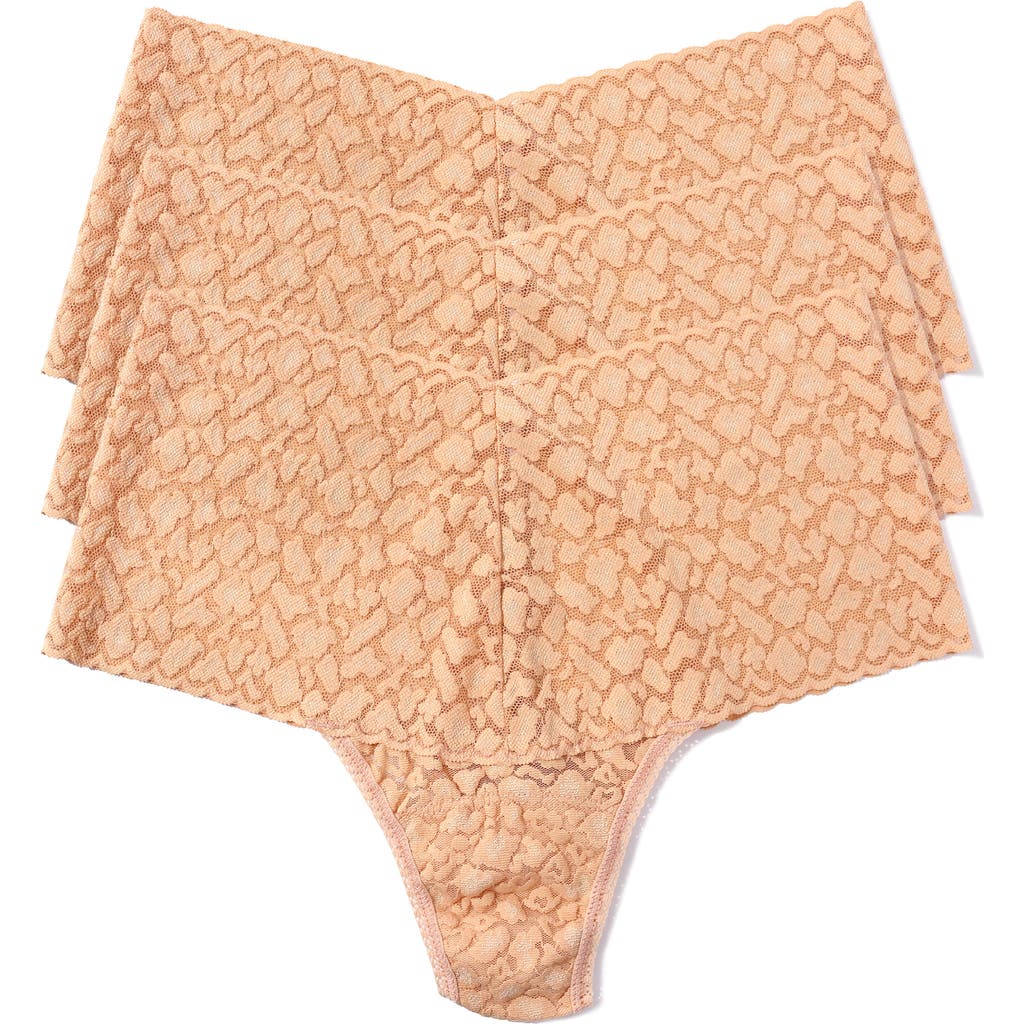 Hanky Panky Leopard Lace 3-pack Retro High Waist Thongs In Brown